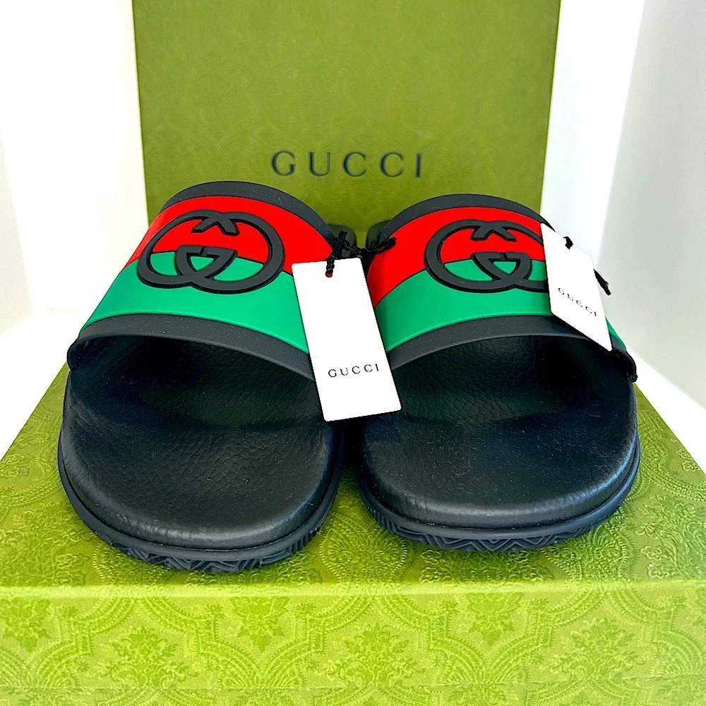 Gucci Black Slides with Red and Green Signature Stripe